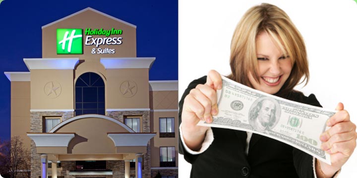 Arlington Texas Hotel Deals Specials Page Girl stretching dollar bill Night Image of Hotel